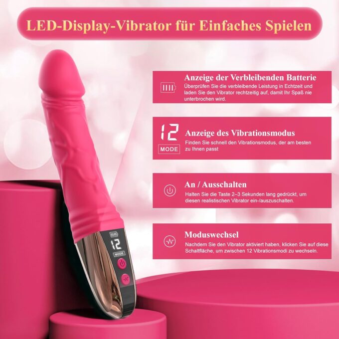 Dildo Vibrator Sexspielzeug für Frauen Solo - LED Realistische Vibratoren mit 12 Starke Vibration für Frauen Klitoris & G Punkt Stimulation Leiser Realistische Dildos Sex Spielzeug für die Frau - Rot – Bild 2