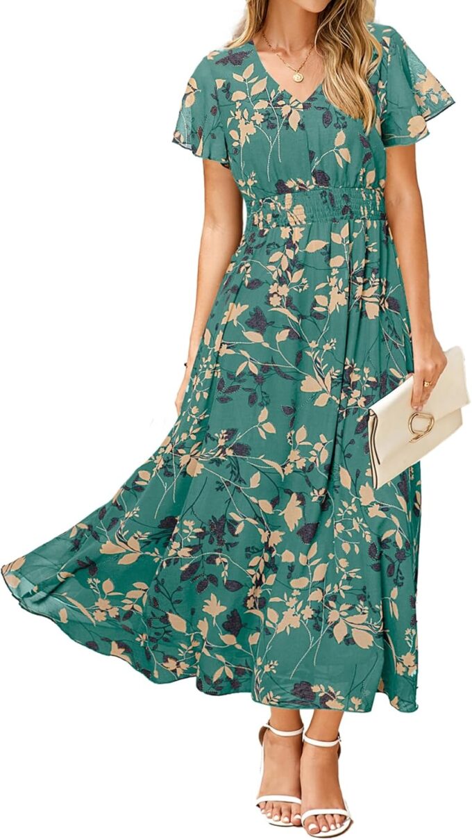 Simplee Womens Floral Maxi Dress - Short Sleeve Summer Boho Wedding Guest Dress Empire Waist Chiffon Modest Midi Dresses