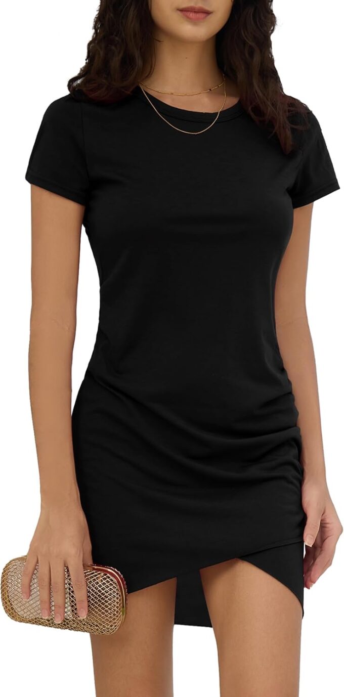 CyperSoul Etuikleid mit Rundhalsausschnitt, kurzärmelig, Stretch, Wickelkleid, Hüftkleid, Taillenfalten unter dem Schlitz, modisches Kleid