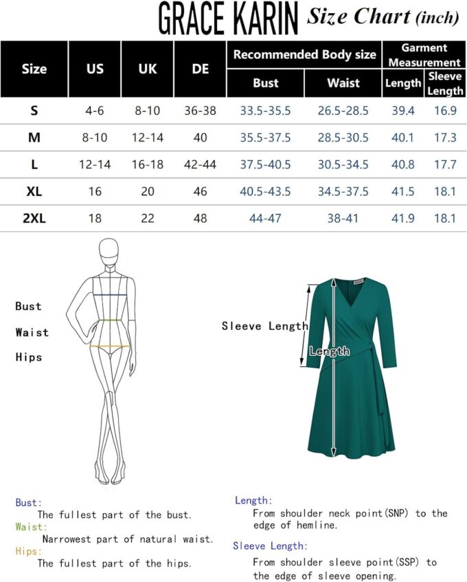 GRACE KARIN Damen-Cocktailkleid, Wickelkleid, V-Ausschnitt, plissiert, 3/4-Ärmel, dehnbar, Midi, A-Linie, Hochzeitsgästekleid – Bild 6