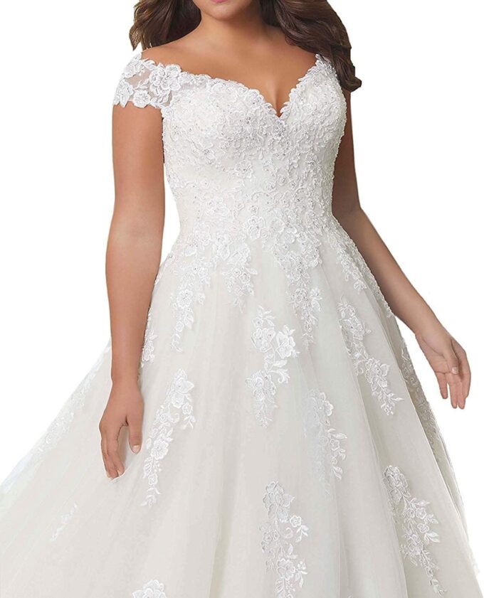 Damen Brautkleider Hochzeitskleider Große Größen V-Ausschnitt Spitze Ballkleid Brautkleid A-Linie – Bild 3