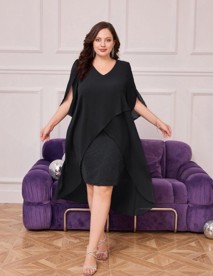 Hanna Nikole Womens Plus Size Chiffon Cocktail Dress Ruffle 3/4 Sleeve Wedding Guest Party Dresses with High Low Hem – Bild 4