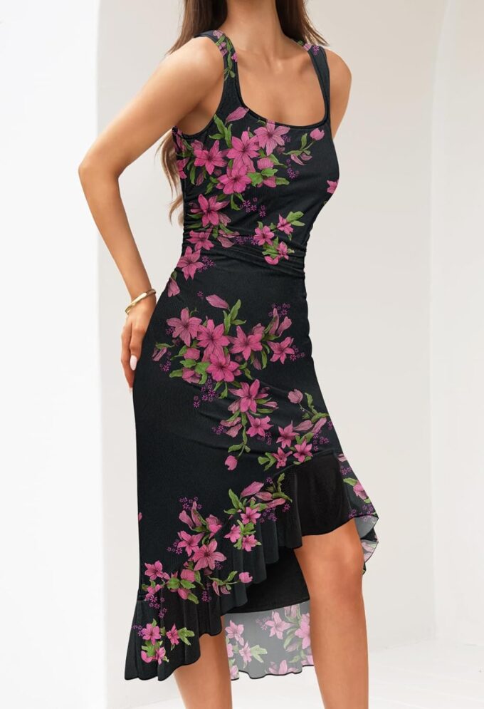 MEROKEETY Women's Summer Floral Bodycon Dress Square Neck Sleeveless Ruffle Hem Cocktail Mesh Midi Dress – Bild 3