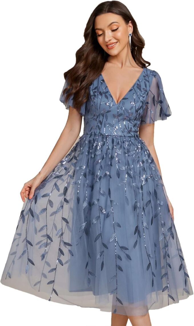 Ever-Pretty Damenkleid, Abendkleid, mittellang, Pailletten, V-Ausschnitt, kurze Ärmel, Cocktailkleid, Hochzeit EG02230