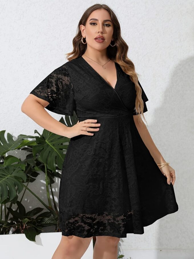 SCOMCHIC Women Plus Size Lace Cocktail Dresses Summer Wrap V Neck Short Sleeve Flowy A Line Wedding Guest Midi Dress – Bild 7