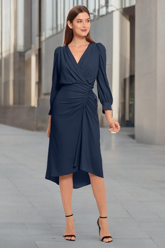 Maggy London Damen Langarm Catalina Crepe Arbeitskleidung Event Gast Hochzeit Kleid – Bild 2