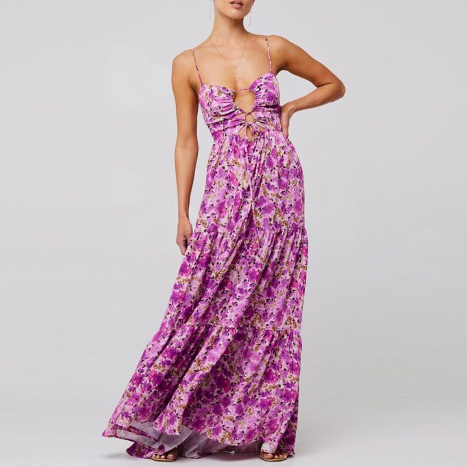 Summer Floral Sundress for Women Spaghetti Straps Hollow Out Tie Front Maxi Dress Flowy Smocked Bohemia Dress – Bild 5