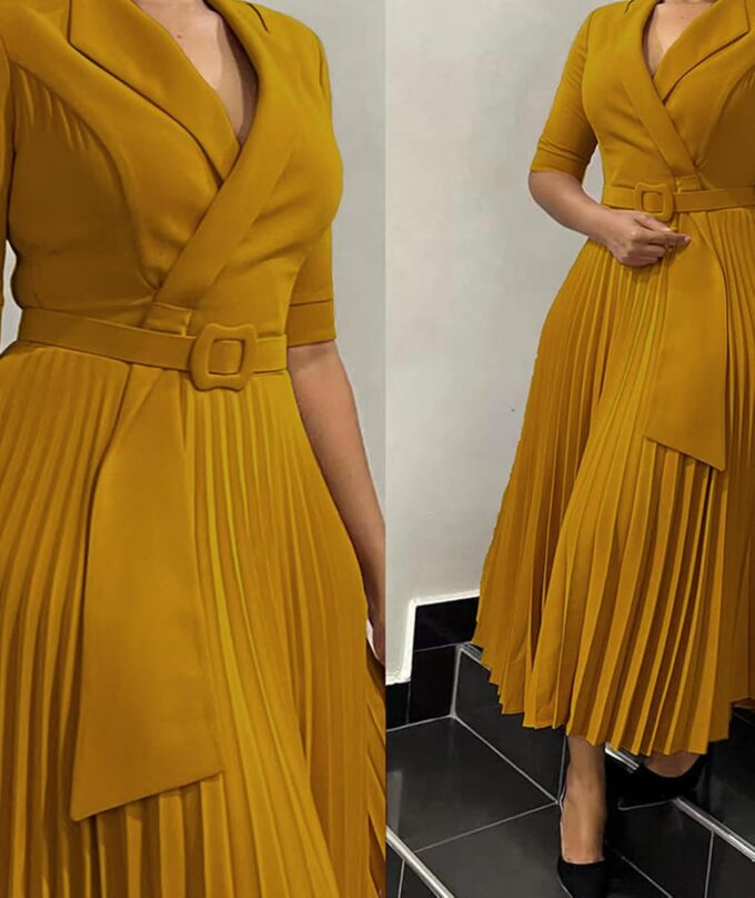 SOMTHRON Damen Elegant 3/4 Ärmel Blazer Kleid V Ausschnitt Revers Plissee Business Arbeit Swing Midi Kleid mit Gürtel – Bild 2