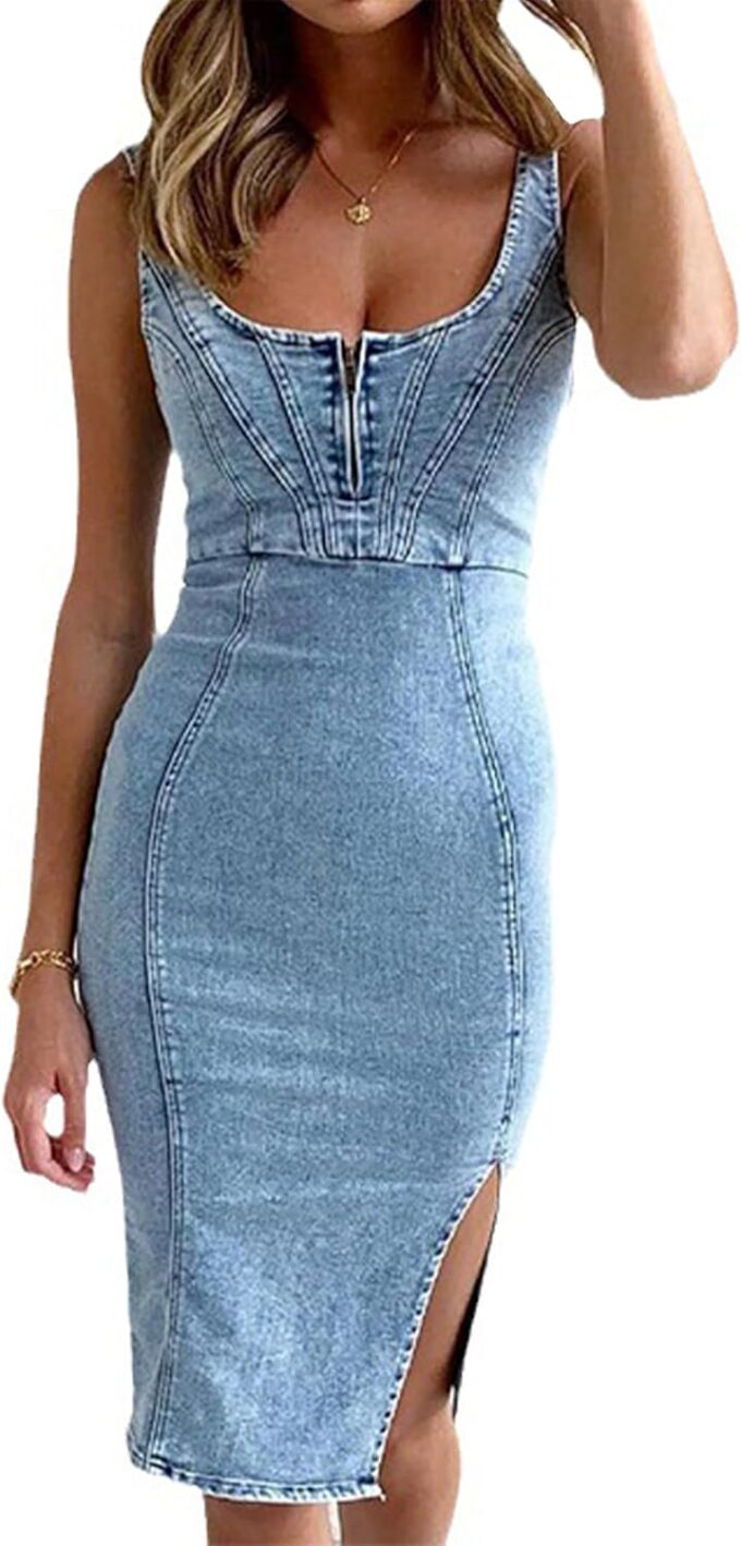 Conshvi Women's Sleeveless Bodycon Denim Tank Dress Scoop Neck Zip Up Side Slit Stretchy Wrap Club Party Jean Midi Dresses