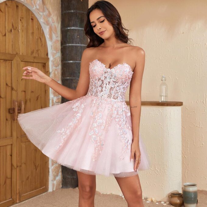 WIOJEIGO Tulle Homecoming Dresses for Women Short 2024 Sweetheart with Lace Appliques Prom Party Dress – Bild 6