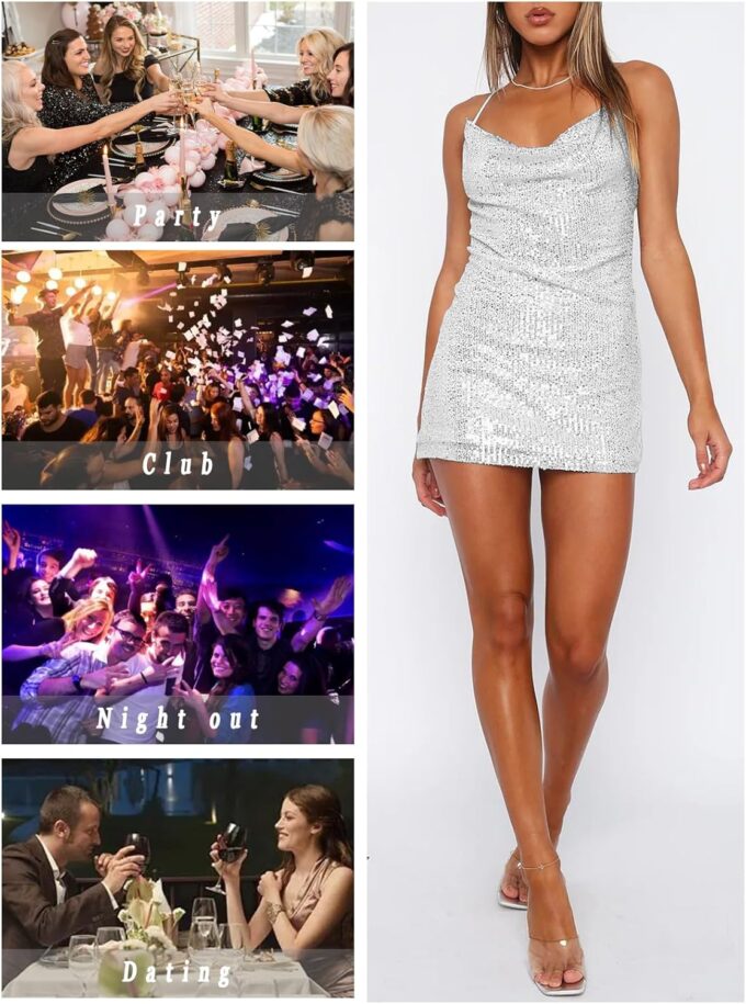 Women's Sequin Sparkly Glitter Dress Sexy Sleeveless Backless Spaghetti Strap Party Club Bodycon Mini Dress – Bild 6