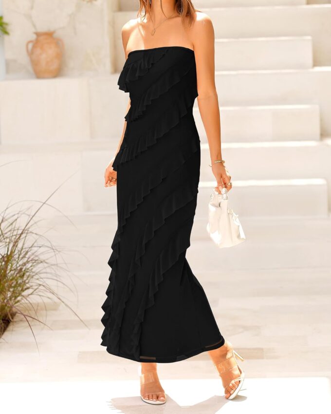BTFBM Women Summer Elegant Strapless Midi Ruched Bodycon Dress Solid Color Stretch Mesh Slim Party Cocktail Dresses – Bild 5