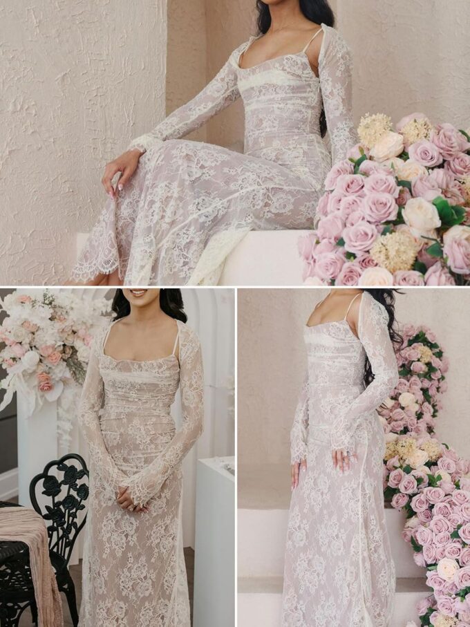 Women Cami Lace Maxi Dress Romantic Long Sleeve Lace Bodycon Dresses Elegant – Bild 5