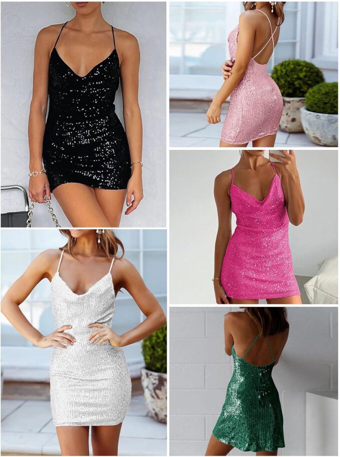 Women's Sequin Sparkly Glitter Dress Sexy Sleeveless Backless Spaghetti Strap Party Club Bodycon Mini Dress – Bild 5