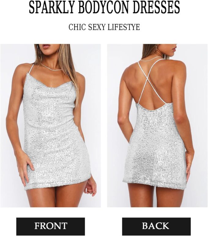 Women's Sequin Sparkly Glitter Dress Sexy Sleeveless Backless Spaghetti Strap Party Club Bodycon Mini Dress – Bild 2
