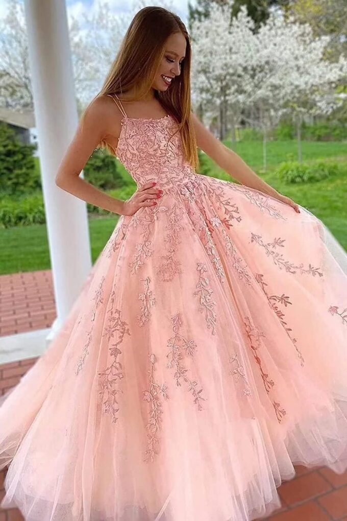 Ballkleid Damen Aus TüLl Mit SpaghettiträGern Lange Spitzenapplikationen Brautkleider - A Linie Formelle Party Abendkleider Ballkleider Lang Cocktailkleid Brautjungfernkleid – Bild 2