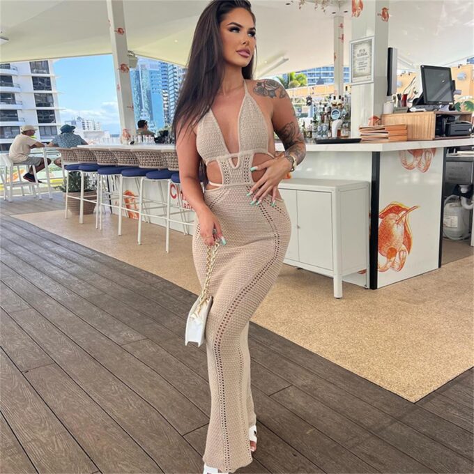Women Sexy V Neck Bodycon Sweater Dress Knitted Halter Backless Hollow Out Waist Maxi Dress Party Club Long Dresses – Bild 5
