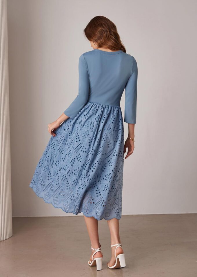 GRACE KARIN Damen Kleid Rundhalsausschnitt Freizeitkleid 3/4-Ärmel A-Linien-Kleid Ausgehöhltes Midikleid Elegantes Einfarbiges Kleid mit Hoher Taille und Taschen Kleider für Hochzeitsgäste – Bild 4