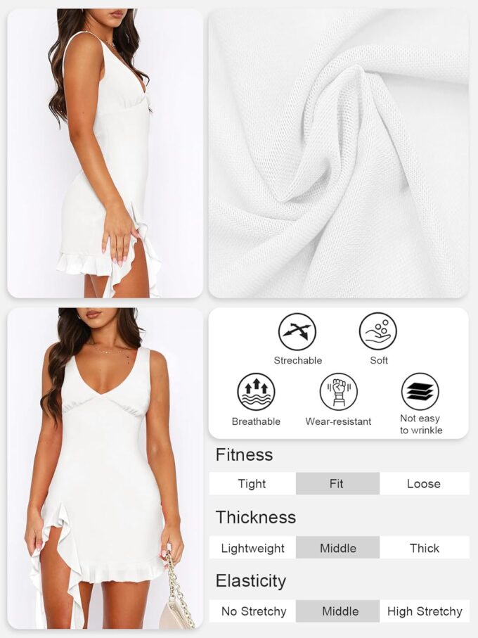 Women Sleeveless Sexy V Neck Bodycon Mini Dress Summer Side Slit Mesh Irregular Ruffle Hem Backless Short Dress – Bild 4