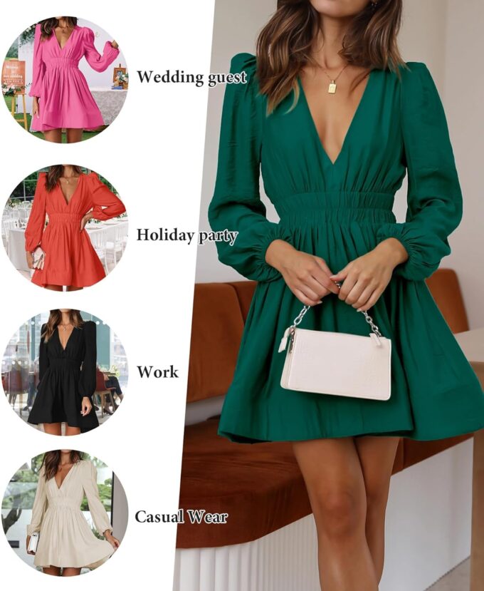 FAIABLE Mini Dress Deep V Sexy Dress Long Sleeve Dress for Women A-line High Waisted Casual Flowy Dress – Bild 5