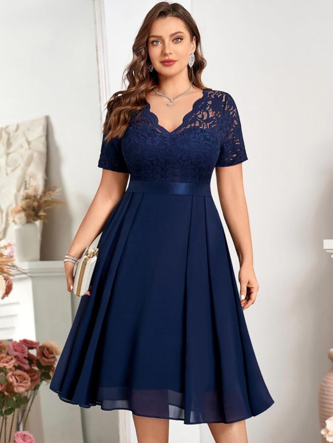 MISSMAY Women's Plus Size Lace Contrast Chiffon V Neck Flowy Cocktail Wedding Guest Midi Dress – Bild 3