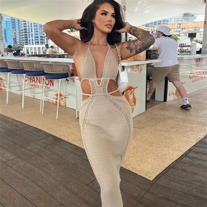 Women Sexy V Neck Bodycon Sweater Dress Knitted Halter Backless Hollow Out Waist Maxi Dress Party Club Long Dresses – Bild 4