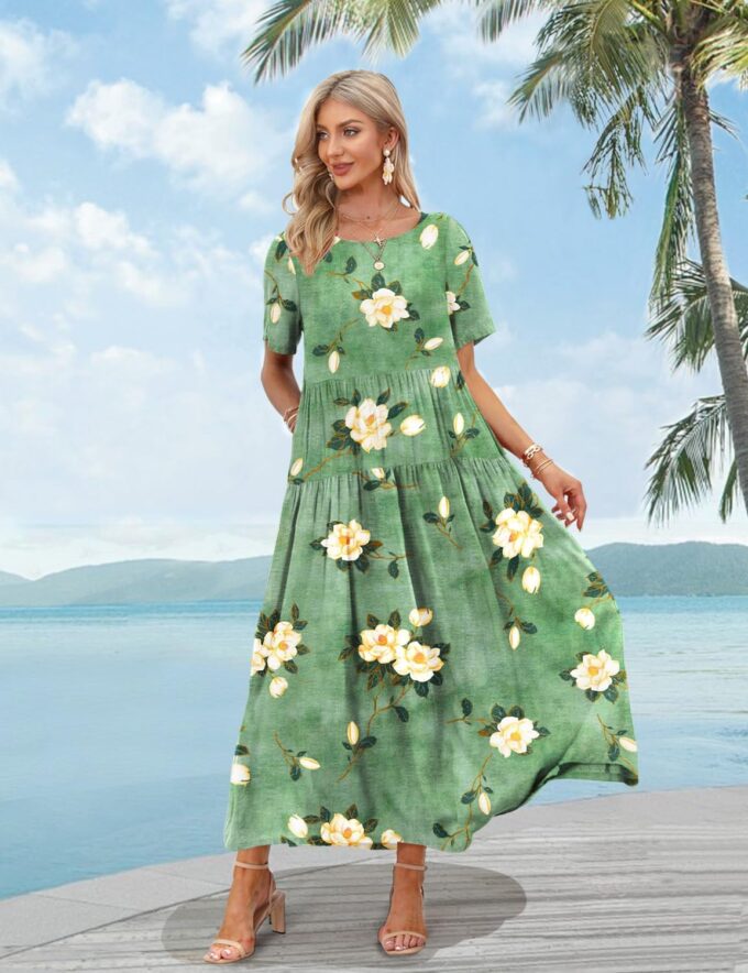 YESNO Women Casual Loose Bohemian Floral Dress with Pockets Short Sleeve Long Maxi Summer Beach Swing Dress EJF – Bild 3