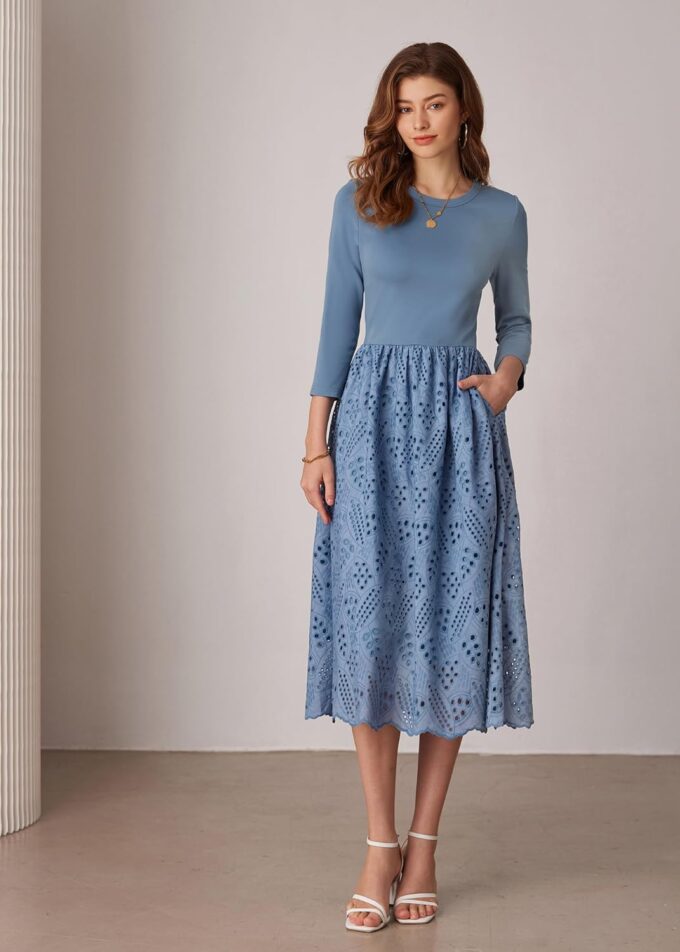 GRACE KARIN Damen Kleid Rundhalsausschnitt Freizeitkleid 3/4-Ärmel A-Linien-Kleid Ausgehöhltes Midikleid Elegantes Einfarbiges Kleid mit Hoher Taille und Taschen Kleider für Hochzeitsgäste – Bild 3
