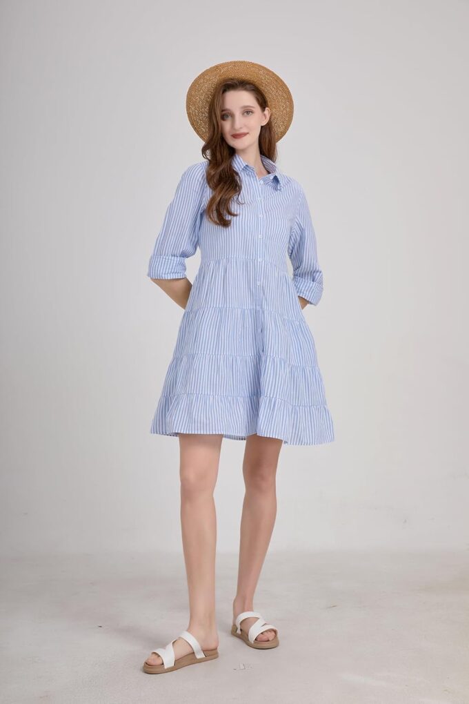 utcoco Womens Striped Button Down Midi Shirt Dress Casual Loose Cuffed Long Sleeve Mid Long Dresses – Bild 5