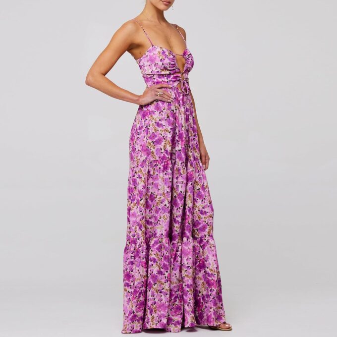 Summer Floral Sundress for Women Spaghetti Straps Hollow Out Tie Front Maxi Dress Flowy Smocked Bohemia Dress – Bild 2