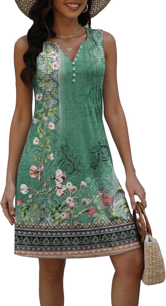 Disamer Beach Dresses for Women 2025 Vacation Swim Cover up V-Neck Summer Dress Button Down Sleeveless Boho Floral Sundress – Bild 6
