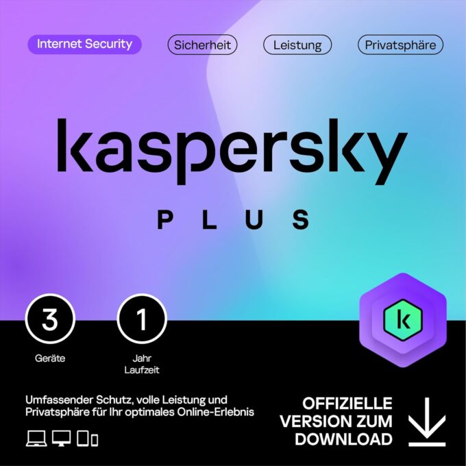 Kaspersky Plus Internet Security 2025 | 3 Geräte | 1 Jahr | Anti-Phishing und Firewall | Unbegrenzter VPN | Passwort-Manager | Online-Banking Schutz | PC/Mac/Mobile | Aktivierungscode per Email