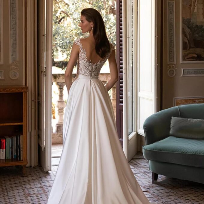 Frauen Spaghettiträger Satin Meerjungfrau Brautkleider Spitze Applique mit Abnehmbarem Zug Brautkleider, APZKNHDA, Elfenbeinfarben, 36 – Bild 2