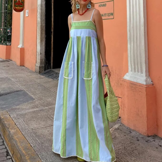 Owl's-Yard Women’s Striped Long Dress Summer Sleeveless Spaghetti Strap Front Pocket Dress Flowy Beach Sundress Clubwear – Bild 2