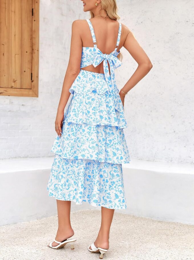 Wenrine Womens Summer Floral Maxi Dresses Sleeveless Spaghetti Strap Tie Back Ruffle Tiered Flowy Dresses – Bild 6