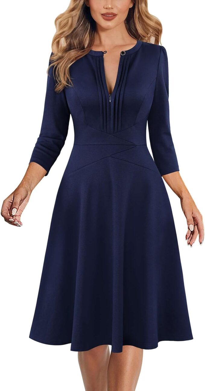 VFSHOW Damen-Kleid, plissiert, Rundhalsausschnitt, Reißverschluss vorne, für Arbeit, Büro, Business, A-Linie, schmale Passform und ausgestelltes Kleid