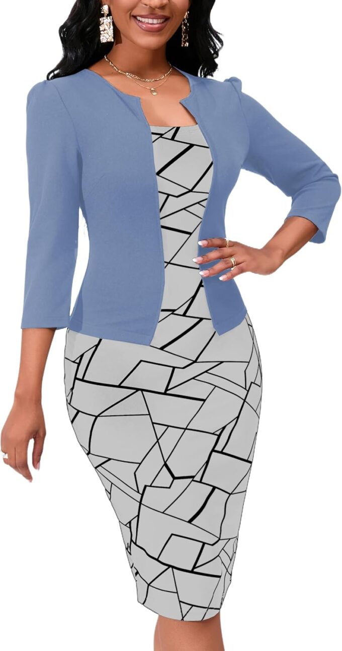 Yajedo Damen Reto Bodycon Midi Kleider 3/4 Ärmel Kirche Tragen zur Arbeit Business Bleistiftkleid – Bild 4