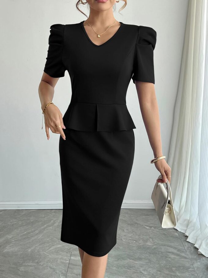 Mokayee Damen-Sommerkleid, Puffärmel, V-Ausschnitt, Schößchen, Kirche, Business, Arbeit, Bleistiftkleid – Bild 3