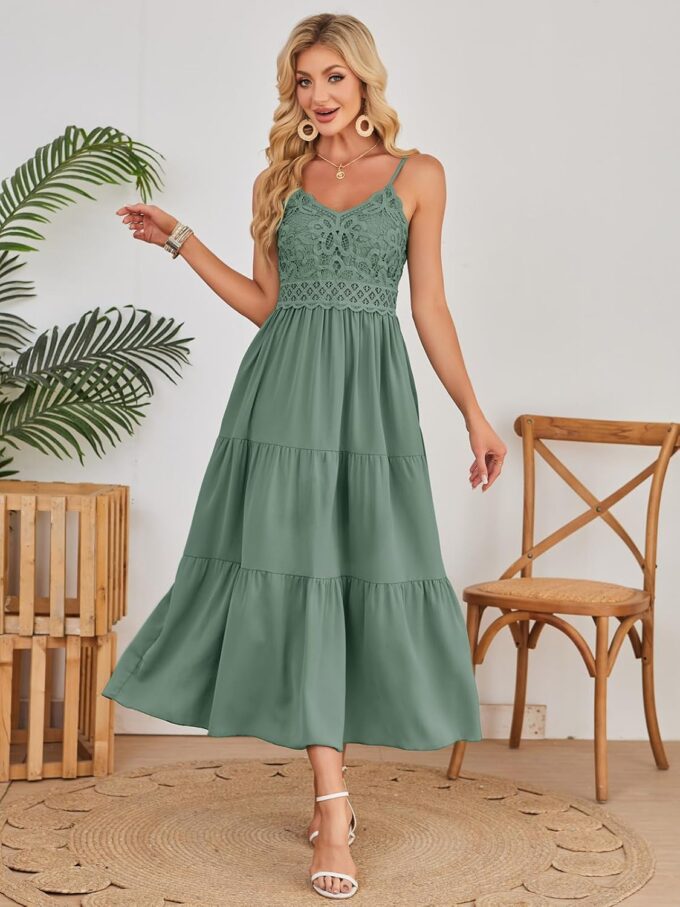 Dokuritu Women's Beach Crochet Lace Maxi Dress Solid Color Summer Vacation Spaghetti Strap Long Dress 2024 – Bild 3