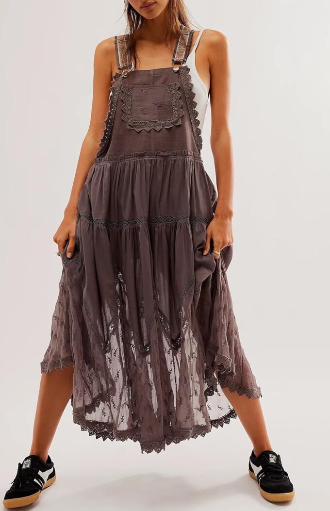 Women's Casual Lace Embroidered Maxi Dress Adjustable Strap Pleated Tiered Swing Long Dress with Pockets – Bild 3
