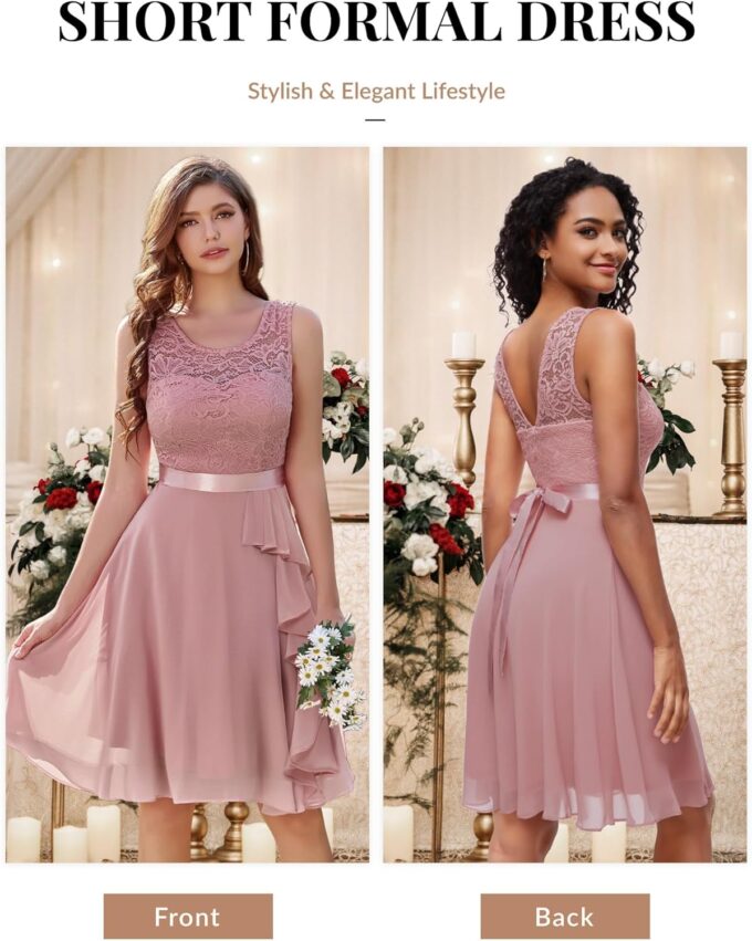 BeryLove Women's Cocktail Dresses Prom Wedding Guest Short Bridesmaid Dresses Ruffle Hem Sleeveless Lace Formal Dress – Bild 2