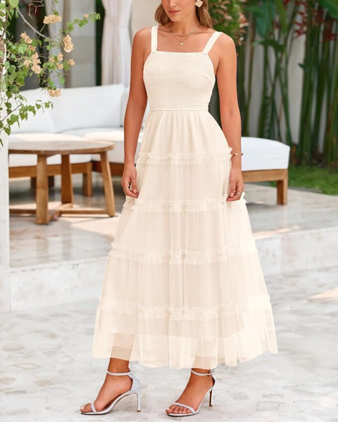 PRETTYGARDEN Women's Summer Dresses 2025 Sleeveless Smocked Tiered Ruffle Tulle A-Line Flowy Wedding Party Maxi Dress – Bild 2