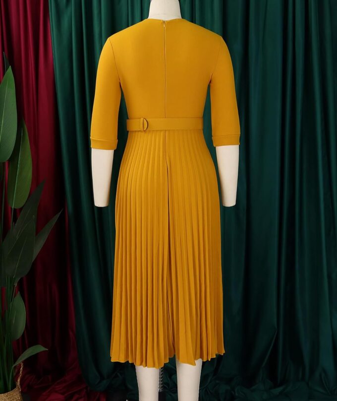 SOMTHRON Damen Elegant 3/4 Ärmel Blazer Kleid V Ausschnitt Revers Plissee Business Arbeit Swing Midi Kleid mit Gürtel – Bild 5