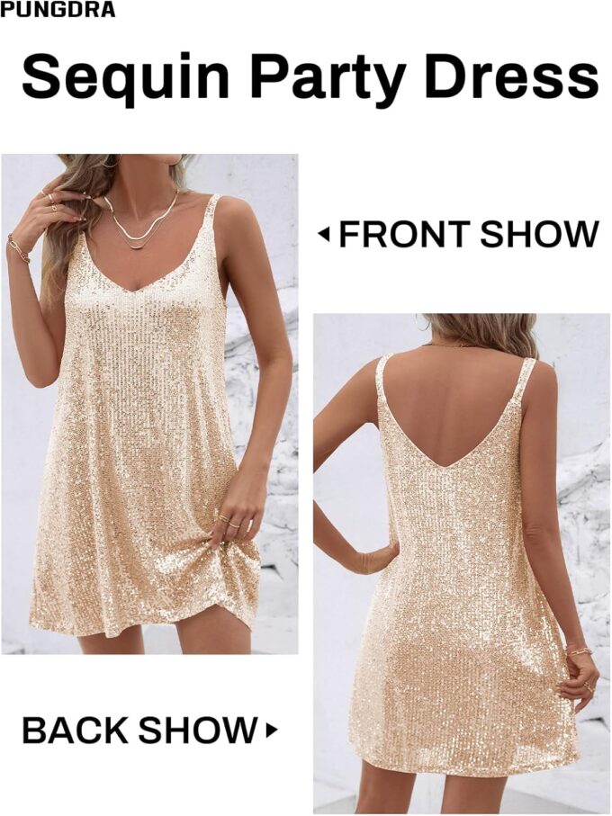 Women's Sequin Dress for Women Sparkly Glitter V Neck Shift Cocktail Disco Outfit Party Club Night Out Mini Dresses – Bild 2