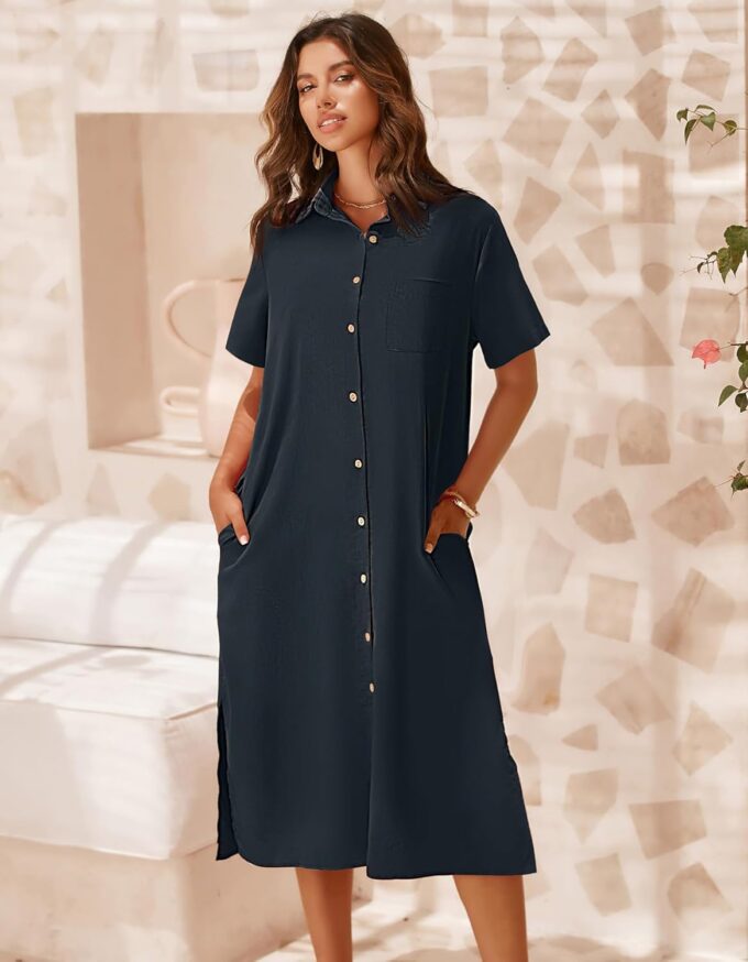 Zeagoo Women Dresses Summer Casual Short Sleeve Button Down Shirt Dresses 2025 Beach Cover Up with Pockets – Bild 3