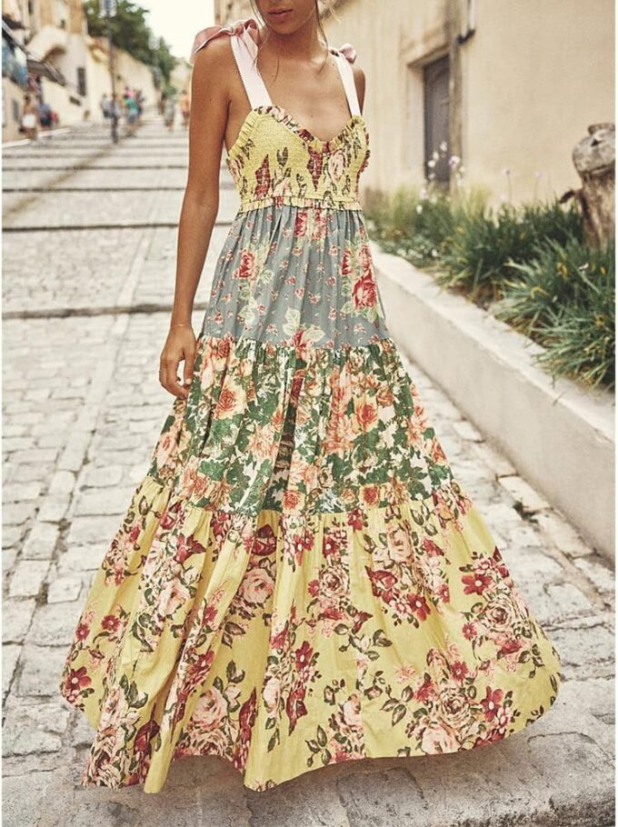 Women Floral Boho Sundress Tie Shoulder Smocked Patchwork Flowy Maxi Dresses with Pockets Summer Fall – Bild 2
