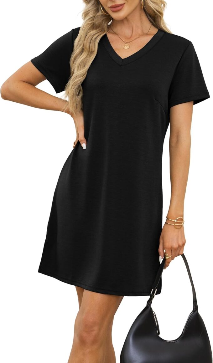 Summer Casual Dresses for Women 2025 Mini Vacation Dress V-Neck Short Sleeve Split Hem Beach Sundress – Bild 3