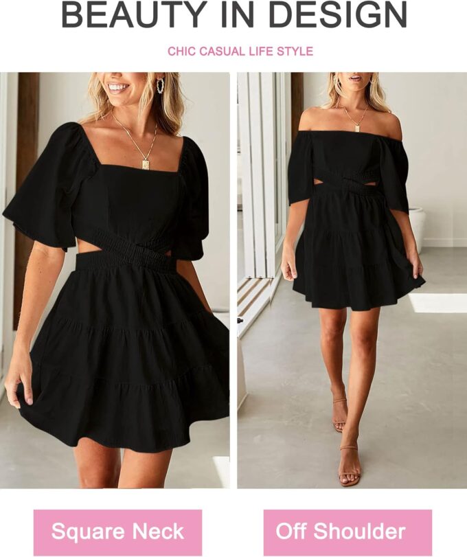 Women's Summer Dresses Square Neck Casual Short Sleeves Crossover Elastic Waist Party Mini Dress – Bild 4