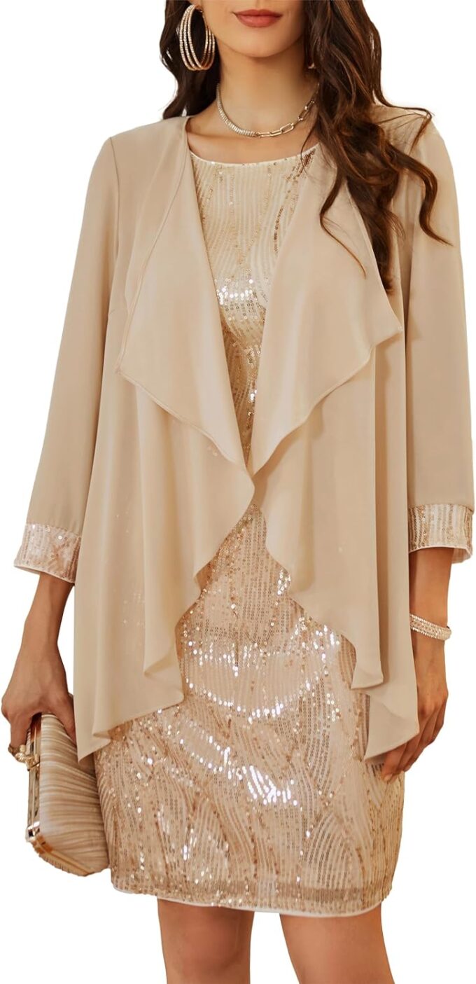 GRACE KARIN Damen Ärmelloses Rundhals Pailletten Cami Kleid Elegant Zweiteiler Tüll Cardigan Abendkleider für Party