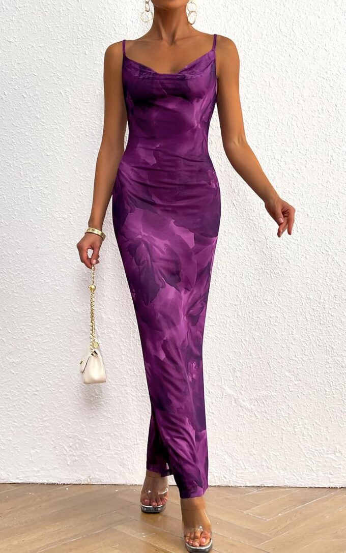PRETTYGARDEN Women's 2025 Summer Floral Spaghetti Strap Maxi Dress Stretch Sexy Bodycon Dress Backless Slip Long Dresses – Bild 4